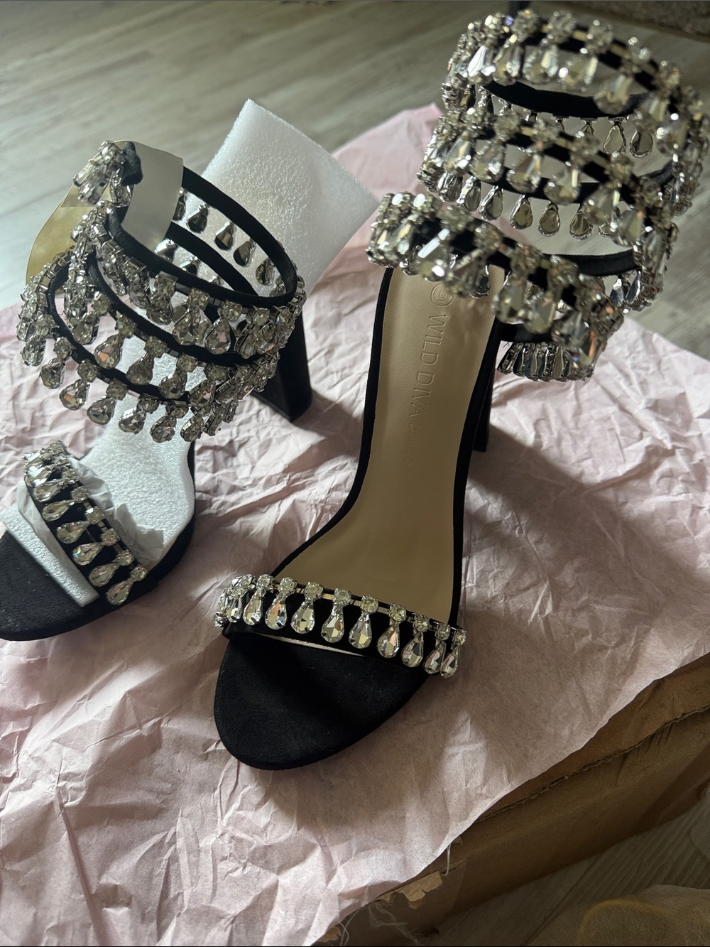 Wild Diva Black Crystal Teardrop Strap Heels